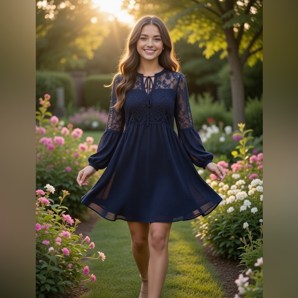 Forever 21 NWT Navy Long Sleeve Lace Dress - Picture 2 of 8